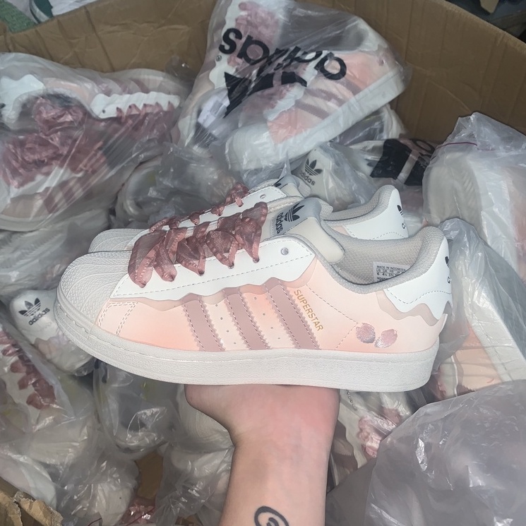 Giày sneaker adidas superstar màu kem, Giầy adidas superstar màu hồng nam nữ đủ size hàng cao cấp