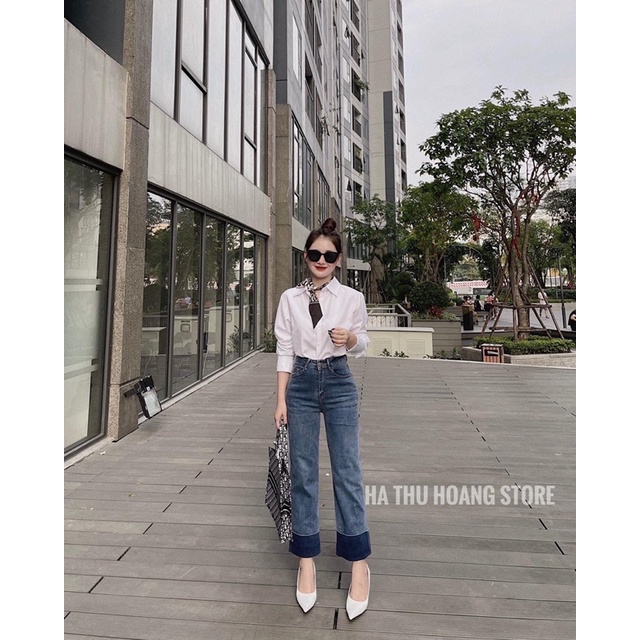 QUẦN JEAN NỮ DÁNG SUÔNG MÀU XANH GẬP GẤU