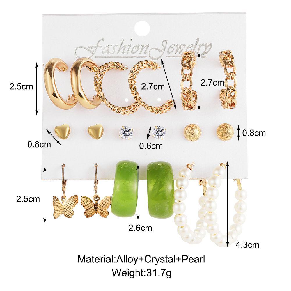 Bộ 5 / 6 / 9 Cặp Khuyên Tai Vòng / 9 Cặp Họa Tiết Trái Tim Màu Xanh Lá Cây Xinh Xắn Thời Trang Cho Nữ