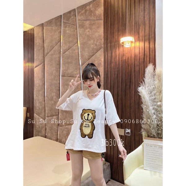 Set đùi gấu thêu cổ tim xẻ tà xinh xắn D1