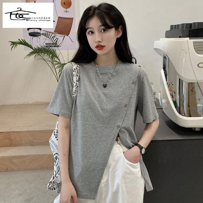 Giảm Giá Đặc Biệt ~ Áo Thun Tay Ngắn Dáng Rộng Xẻ Tà Thoải Mái Phong Cách Harajuku Mùa Hè Cho Nữ @ -