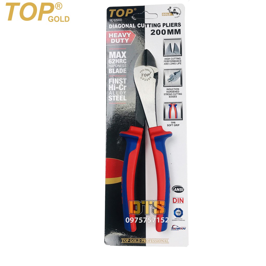 Kìm cắt trợ lực chuyên nghiệp TOP GOLD 200mm, cắt dây PIANO, thép Hi-Cr cao cấp, thiết kế cộng lực tiết kiệm 50% lực bấm