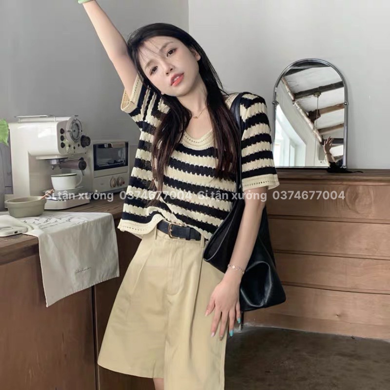Áo len mongtoghi kẻ ngang cổ tròn ngắn tay, áo cộc nữ dệt kim dáng rộng kiểu dáng Hàn Quốc 3415
