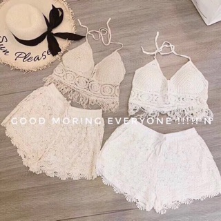 Set biển sexy - áo bra đan móc tua rua + quần ren ( có tách rời )