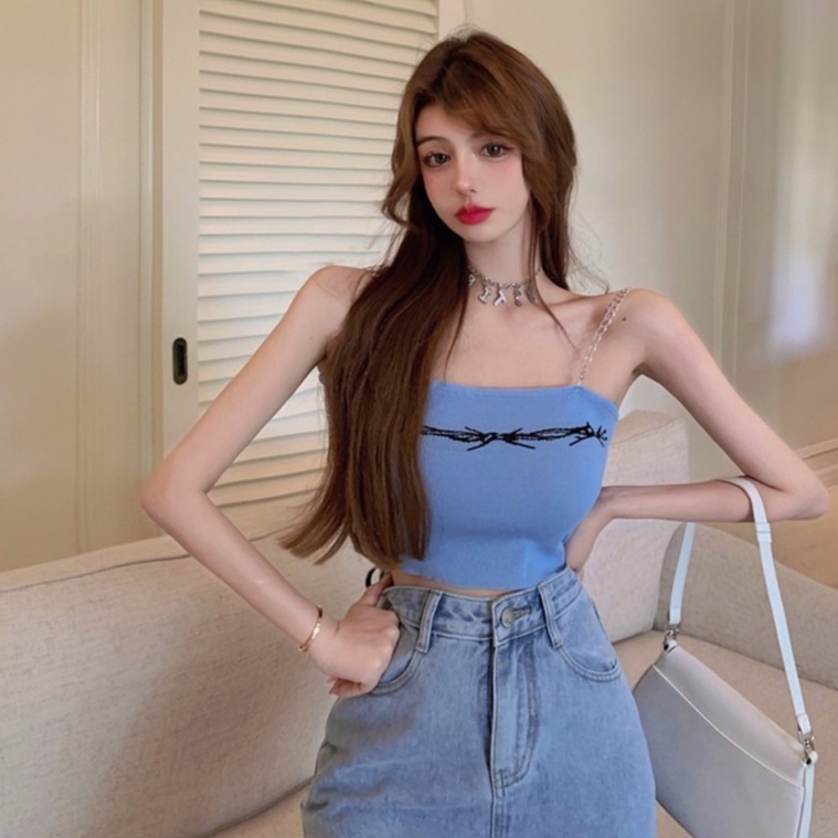 Áo Dệt Kim Hai Dây In Họa Tiết Xinh Xắn Dành Cho Nữ