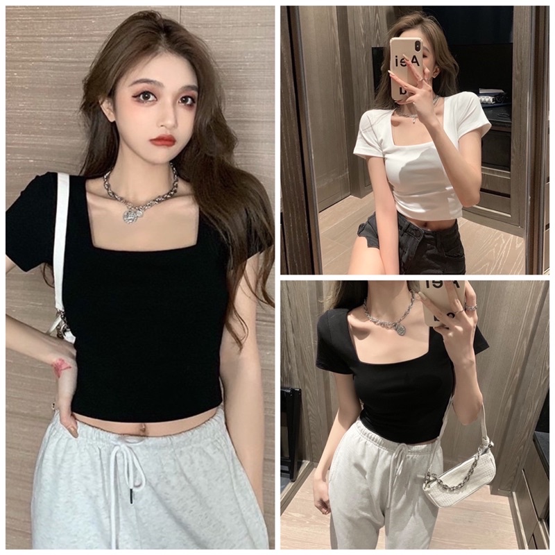 Áo Croptop Cổ Vuông Tay Ngắn Form Ôm Body Tôn Dáng Gợi Cảm Chất Thun Thoáng Mát