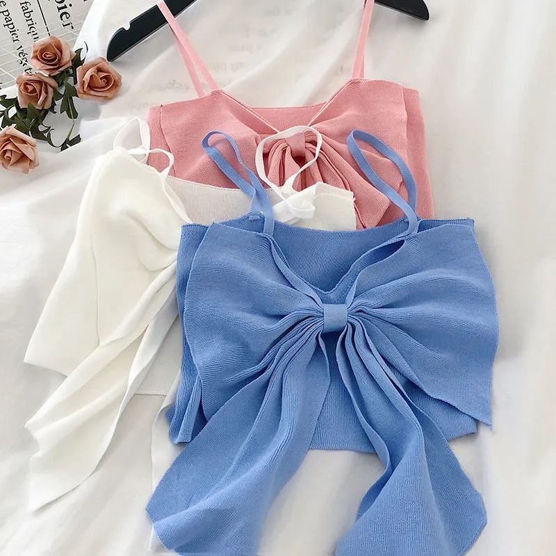 Áo Hai Dây Nơ To Nữ Màu Xanh, Trắng, Hồng Croptop Chất Mongtoghi Dệt Kim Siêu Co Dãn Loại 1 Sexy Tiểu Thư Hàn Quốc