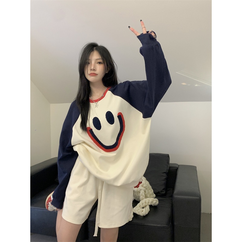 Áo Sweatshirt Cổ Tròn Dáng Ôm In Họa Tiết Mặt Cười Phong Cách Vintage Dành Cho Nữ