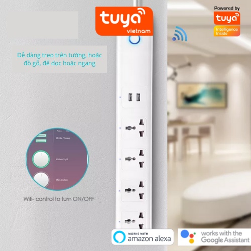 Ổ Cắm Dài Thông Minh Wifi TUYA 4 Chấu & 2 cổng USB, điều khiển độc lập  app Tuya Smart Life, Hẹn giờ Bật Tắt