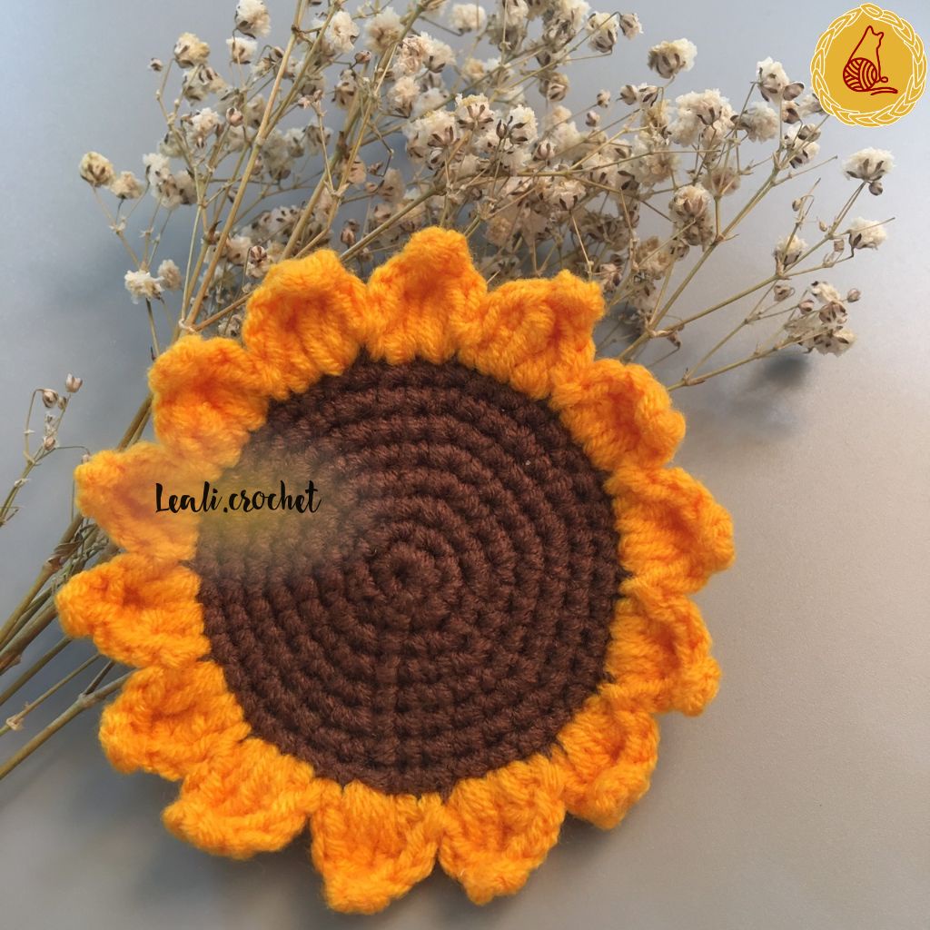 Đế lót ly Handmade hình Hoa Hướng Dương, đế lót cốc làm bằng Len Cotton thấm nước, decor văn phòng