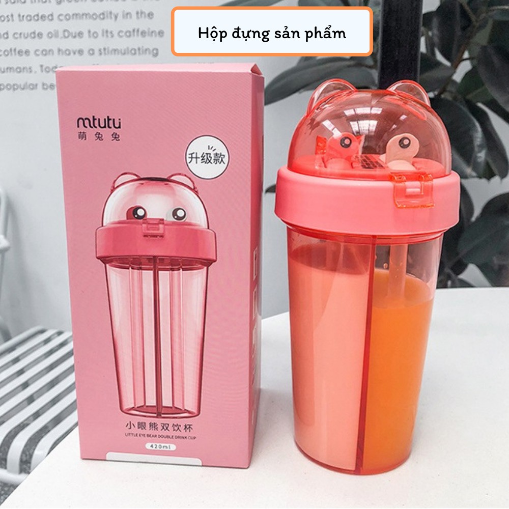 Bình nước nhựa chia ngăn 420ml cực dễ thương có ống hút, có dây đeo kèm theo