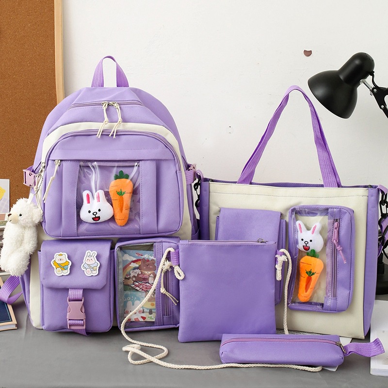 Set balo nữ 4 món cặp đi học Ulzzang vải bố ba lô học sinh cấp 1 2 3  thời trang hàn quốc