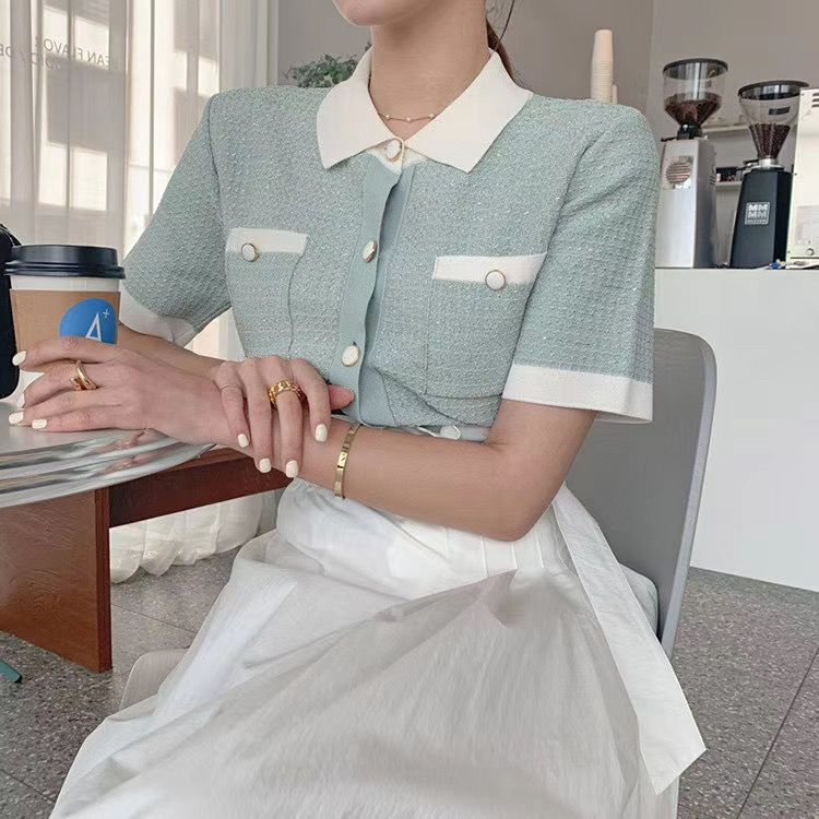 Áo Sơ Mi Lụa Dệt Kim Tay Lửng Dáng Rộng Màu Sắc Tương Phản Thời Trang Mùa Hè Dành Cho Nữ