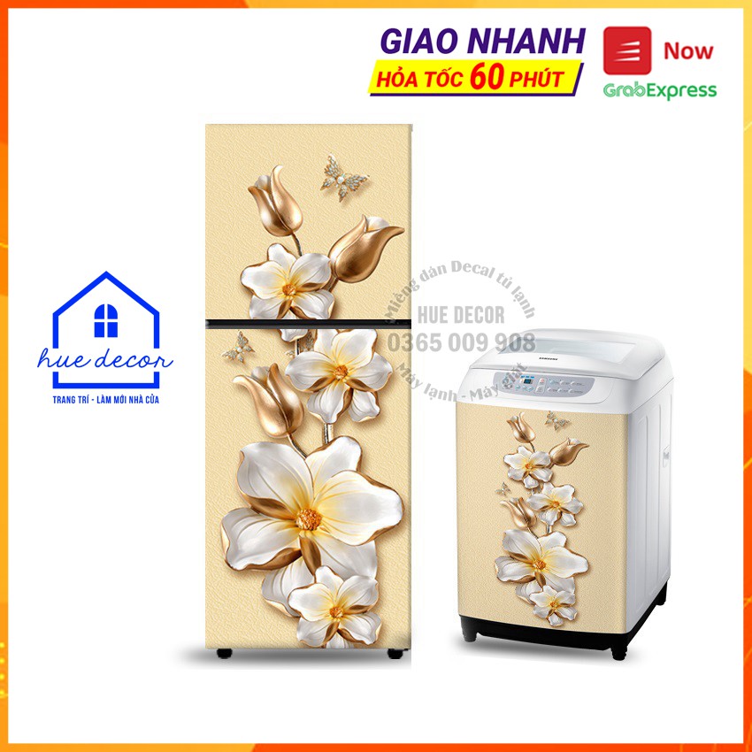 Decal trang trí  tủ lạnh - máy giặt Hoa vàng 3D sang trọng HUE DECOR- siêu bền chống nước