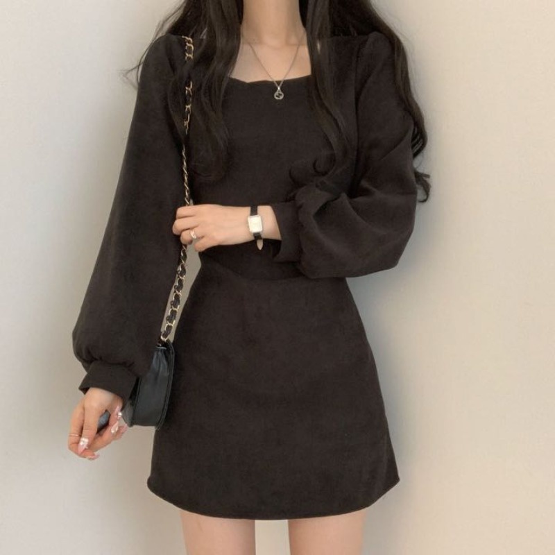 Đầm Cổ Vuông Nhấn Eo Cao Tôn Dáng Thời Trang Phong Cách Hàn Quốc Cổ Điển