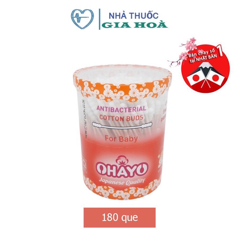 Tăm bông kháng khuẩn cho em bé Ohayo Baby (tiêu chuẩn Nhật Bản) 2 đầu xoắn JP06 - Lọ 180 que