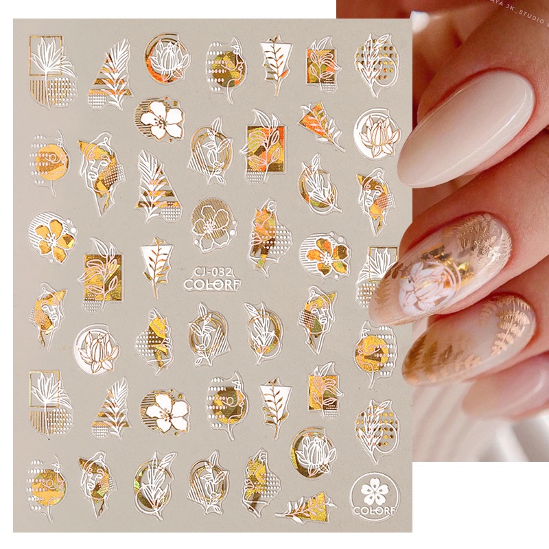 1 Tấm Sticker / Miếng Dán Trang Trí Móng Tay Họa Tiết Hình Học 3D Màu Vàng Trắng