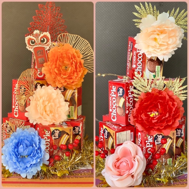 combo hoa trang trí tháp bia tháp bánh có đế bìa tặng kèm 1 keo nến