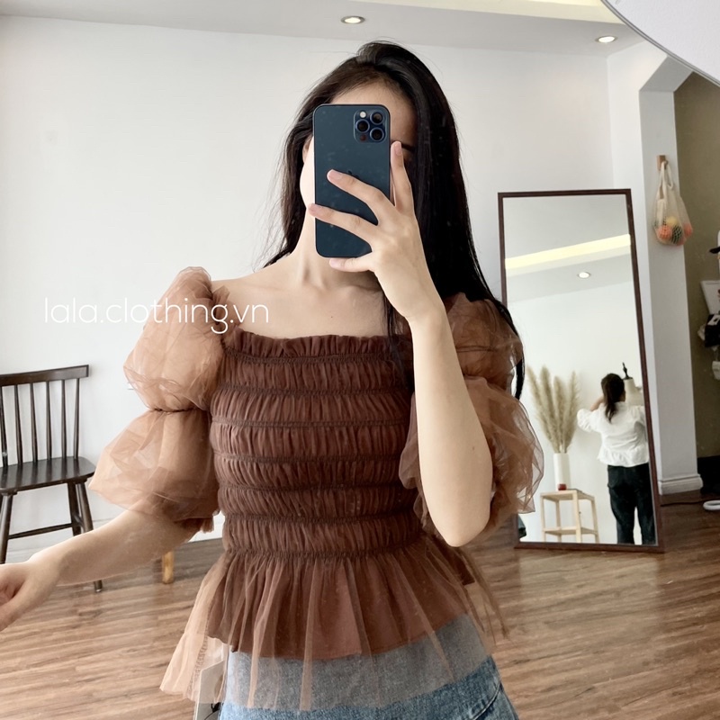 (SẴN) Áo voan nâu trầm cổ vuông tay phồng