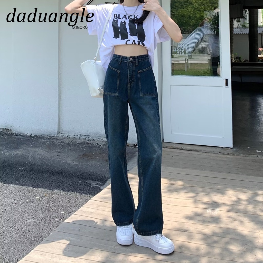 Quần jean  lưng cao dáng rộng thằng phong cách jhq cao cấp cho nữ màu xanh tối hot trend hàng QC chuẩn form loại 1