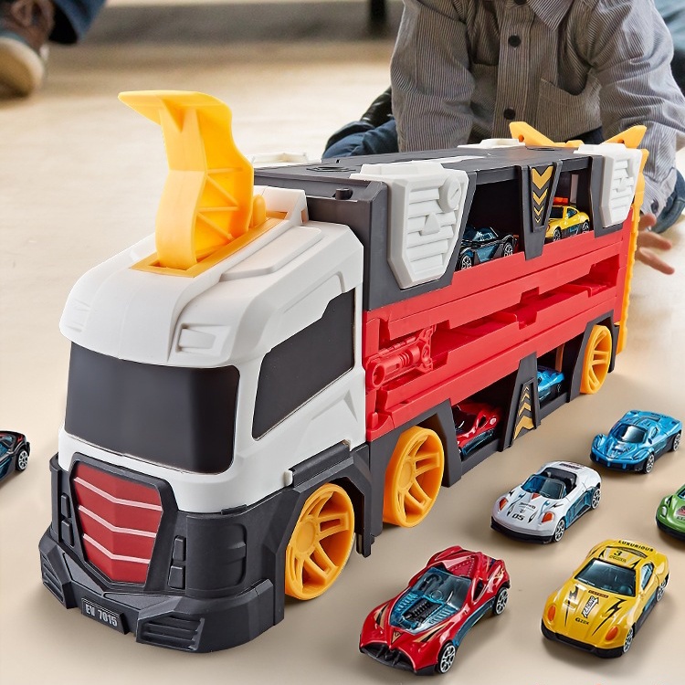 Đồ Chơi Xe Tải Container Hot Wheels Biến Hình Sân Đua Xe, Vận Chuyển Xe Ôtô Cao Cấp Tặng Kèm 6 Xe Con Và Bệ Phóng
