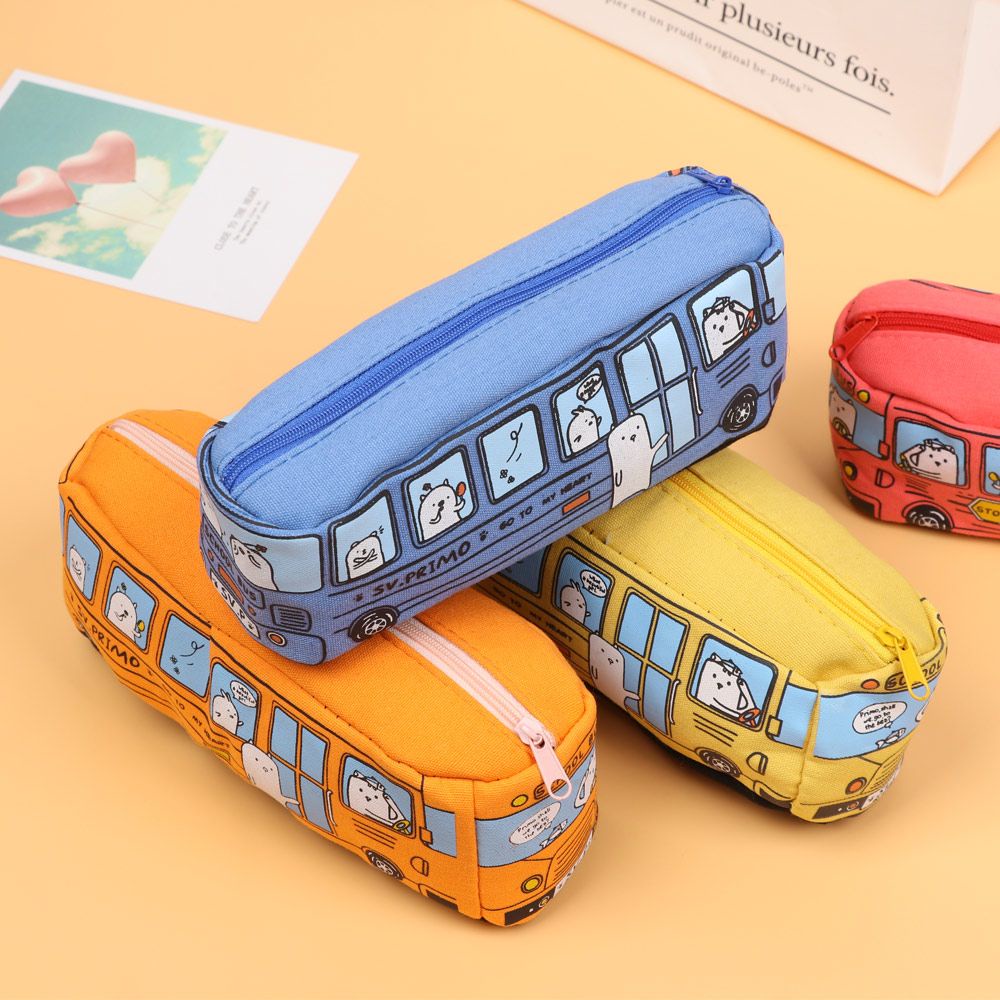 Túi Đựng Bút Bằng Vải Canvas In Hình Xe Buýt Hoạt Hình Nhiều Màu Sức Chứa Lớn Tiện Dụng Cho Học Sinh