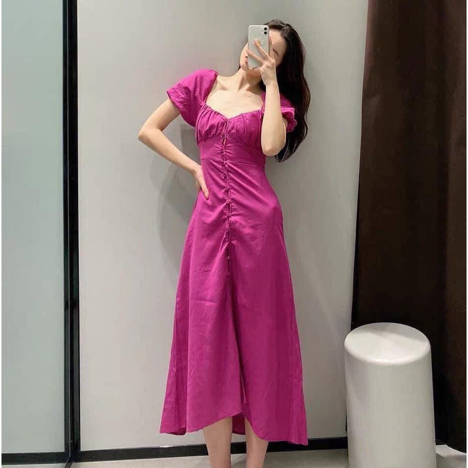 Đầm maxi tay bồng phối nút màu hồng sen xinh xắn - Pink Dress