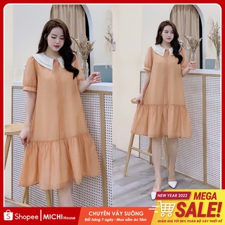 Váy suông Đuôi cá Ngắn tay Cổ trắng đính Cúc ngọc Freesize VS304 MICHI House Đầm xuông Thiết kế Form Bầu rộng Bigsize