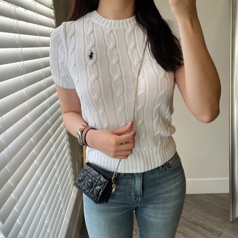 Áo Thun Dệt Kim Ngắn Tay Cổ Tròn Màu Trơn Thời Trang Retro Cho Nữ