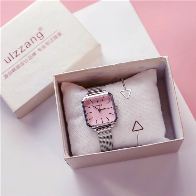 Đồng hồ thời trang nữ Ulzzang mặt vuông dây da và dây lưới QA572