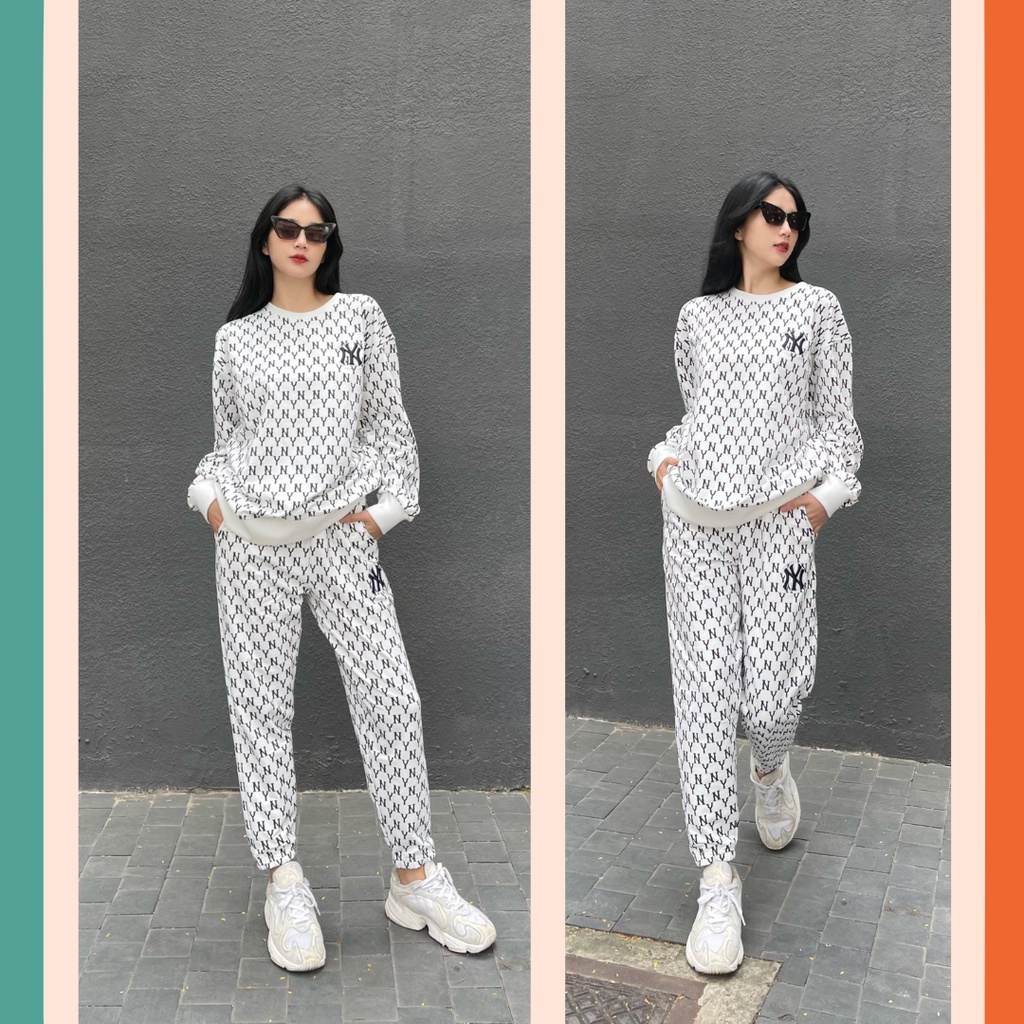 Set quần áo nỉ nam nữ, Set Sweater M.L.B, Bộ quần áo thu đông nữ NY Monogram SW05 - HyMin Clothes