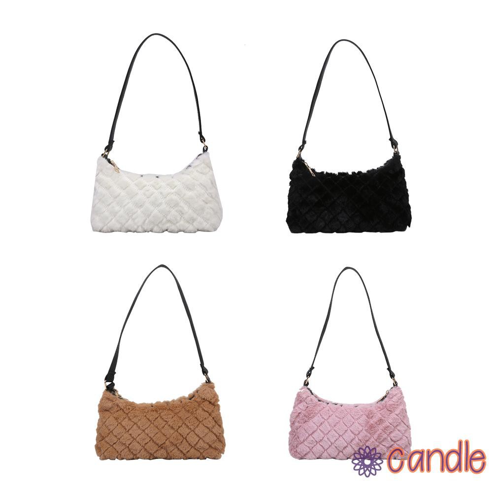 【COD】Casual Lattice Print Underarm Bag Retro Solid Plush Women Shoulder Handbag