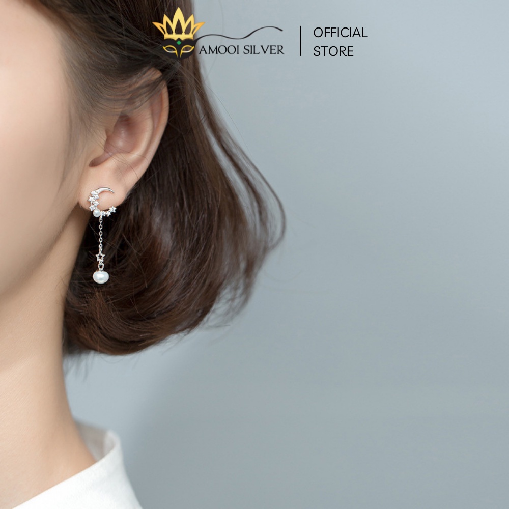 Bông Tai Bạc S925 Dáng Tua Dài Mẫu Mặt Trăng Tua Rua - Amooi Silver AB191