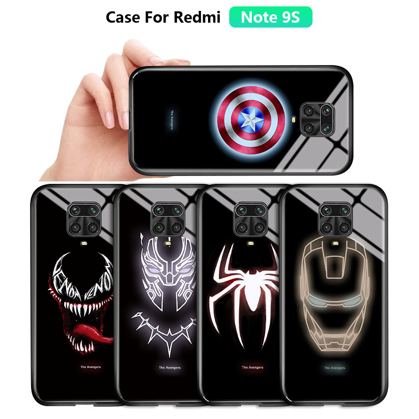 Ốp điện thoại kính cường lực dạ quang in hình siêu anh hùng Marvel cho Xiaomi Redmi Note 9S Note 9 Pro Note 9T