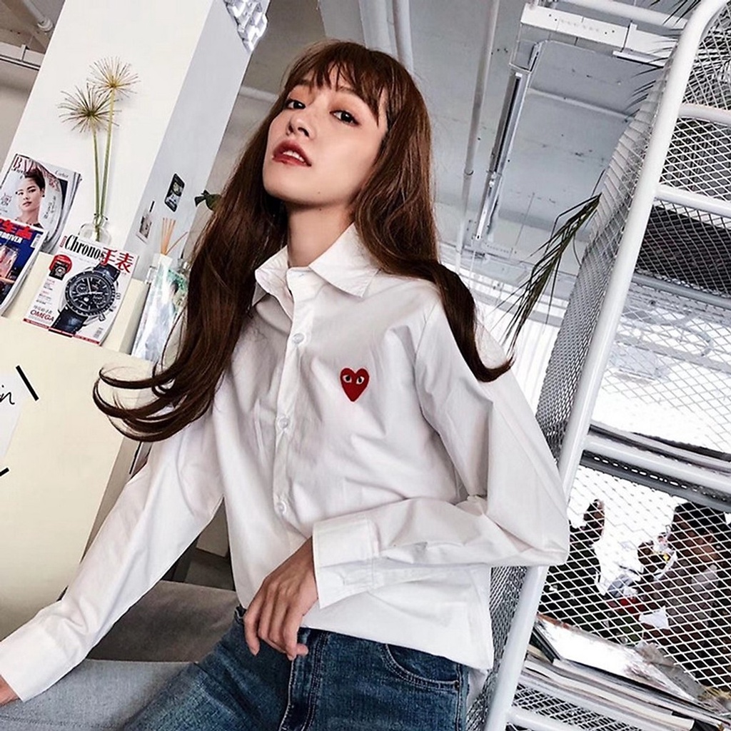 Áo sơ mi trắng nữ dài tay công sở thêu hoạ tiết trái tim xinh phong cách Hàn Quốc Sm127