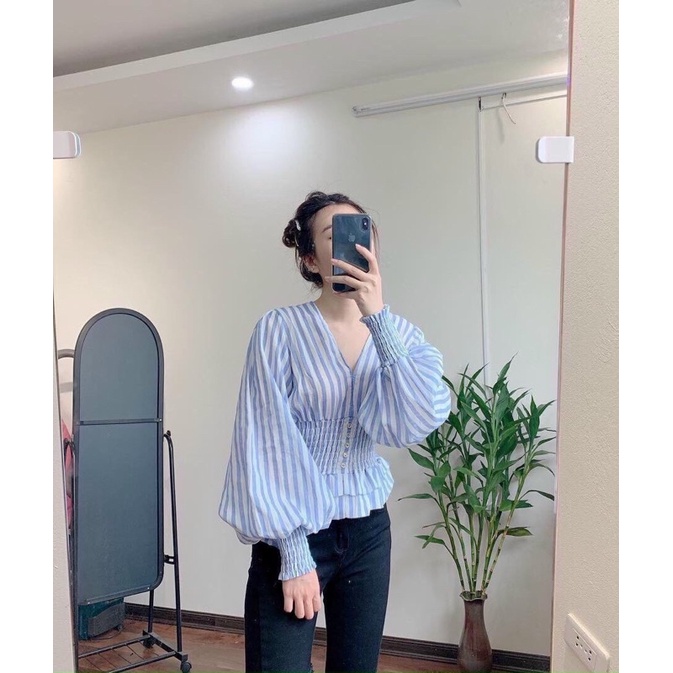 ÁO KIỂU SỌC NHÚNG EO TAY PHỒNG 🌹🌹🌹