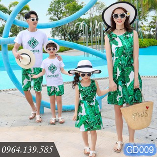 Đầm maxi đi biển mẹ và bé gái, họa tiết lá xanh hot trend 2022, đồ gia đình cho mẹ con mẫu đẹp | GD009