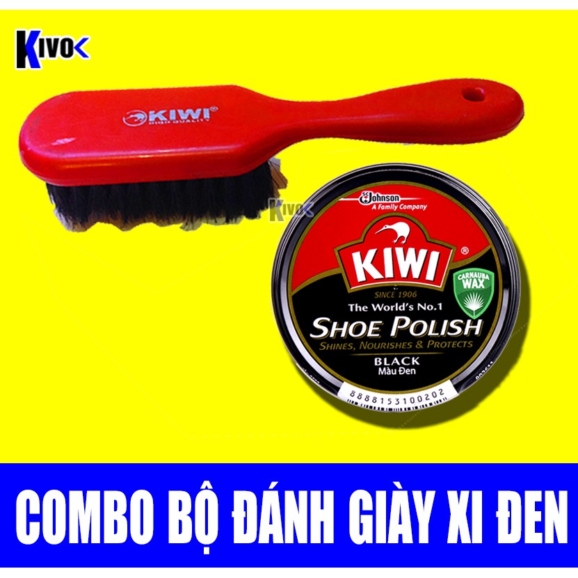 Combo 1 Bộ Xi Đánh Giày Đen + Bàn Chải Đánh Giày CÁN DÀI KIWI - Si Đánh Giày Sáp Đánh Bóng Giày Da - Xi Đen 45ML - Kivo