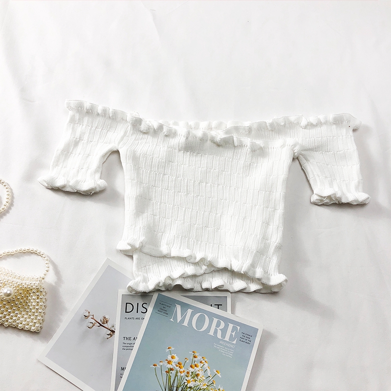 Áo thun ngắn IELGY trễ vai dáng ôm phong cách Hàn Quốc thời trang mùa hè 2022 dành cho nữ