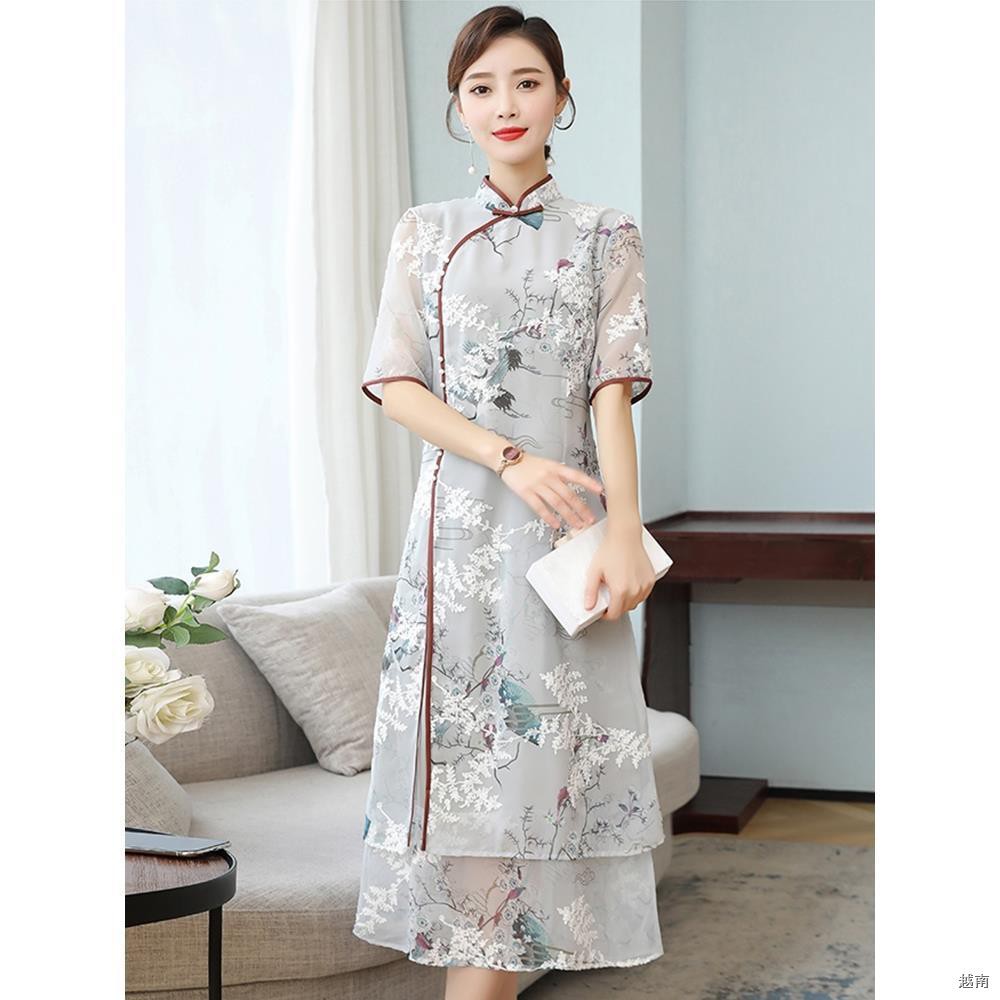 ❍♘✼sườn xám của phụ nữ dài giữa mùa hè mới phong cách Trung Quốc cổ điển ren lưới váy mẹ 40 tuổi