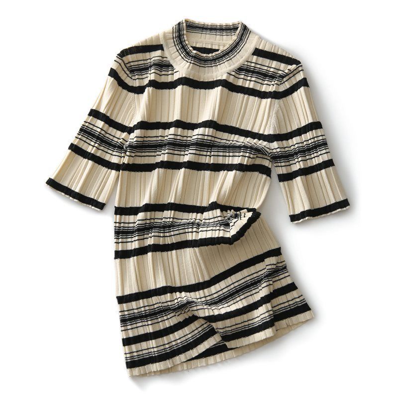Áo Thun Tay Ngắn Cổ Cao Họa Tiết Kẻ Sọc Thời Trang Mùa Hè Phong Cách Pháp Mới 2021