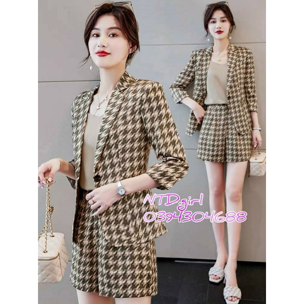 Hàng nhập - Set bộ vest nữ lụa mịn mát in họa tiết răng sói, sét đồ thời trang blazer cho công sở hay đi chơi đều xinh