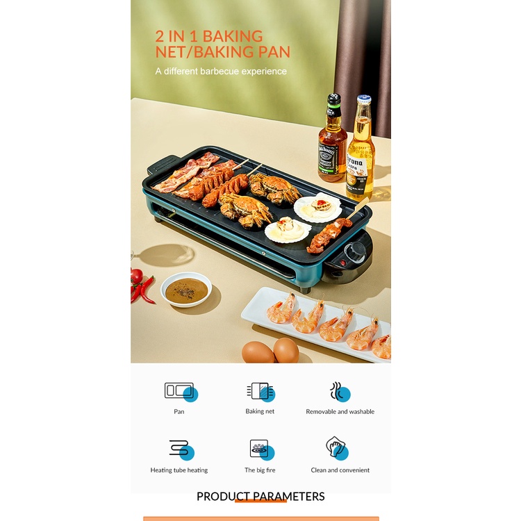 Bếp nướng điện không khói, có vỉ nướng và khay tiện lợi tiết kiệm điện năng, chống dính dễ dàng vệ sinh