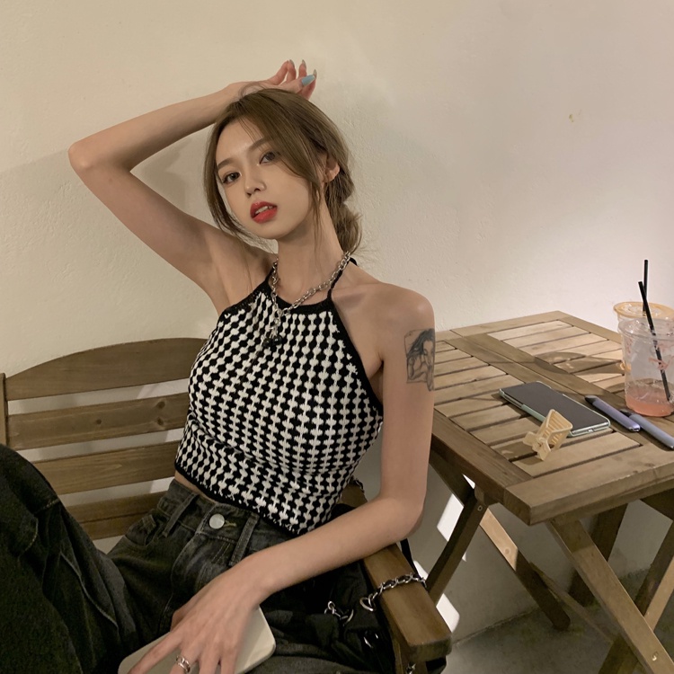 Áo hai dây sọc caro trắng đen cá tính thoải mái thời trang mùa hè phong cách Hàn Quốc