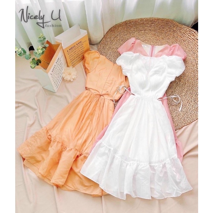 Đầm maxi đi biển tay bồng 2 lớp vitage 🔥ẢNH THẬT🔥 váy nữ dáng dài ngắn tay cổ V thắt dây eo