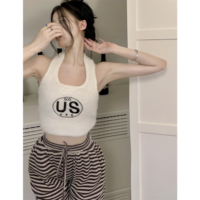 HUANG YOYO Áo croptop sát nách hoạ tiết thêu thiết kế hợp thời trang cá tính cho nữ