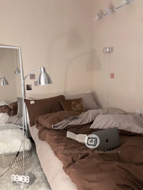 ✨Bộ chăn ga gối Cotton đũi: nâu đậm mix beige