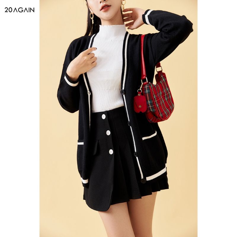Pass áo cardigan 20AGAIN freesize màu đen phối viền trắng