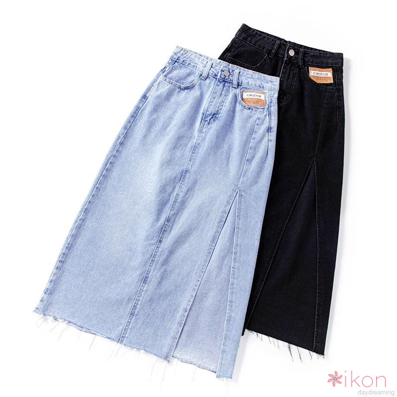 Chân váy jean Lưng Cao Xẻ Tà Phong Cách Vintage