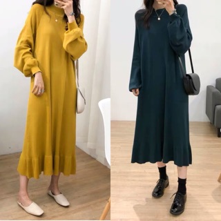 Đầm váy maxi len suông đuôi cá form dài qua gối, tay bo phồng